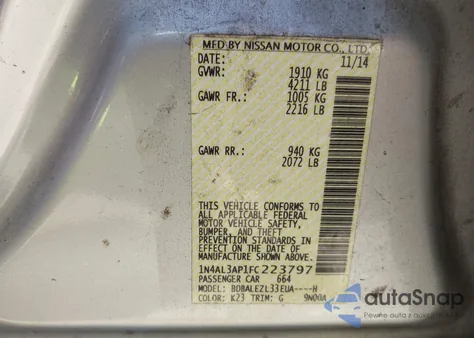 2015 Nissan Altima 2.5 S из США, поврежденный, VIN 1N4AL3AP1FC223797